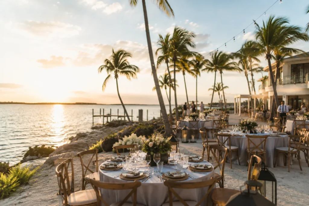 This image is showing a luxury Florida Keys oceanfront destination wedding and private event setup with tropical palm trees, elegant resort ambiance, and warm sunset coastal scenery.