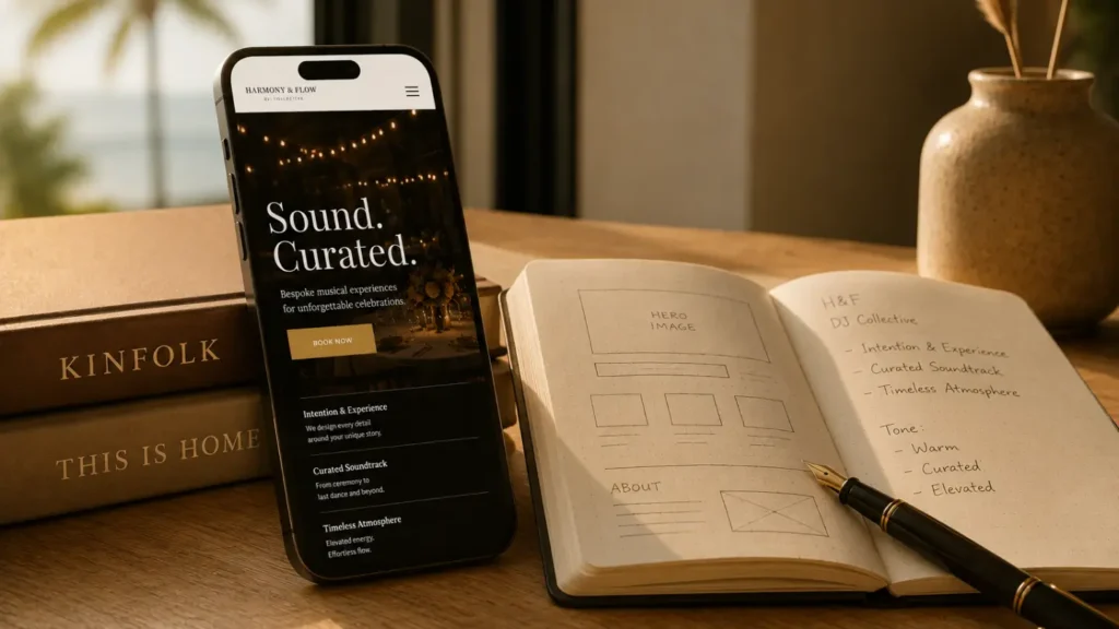 Smartphone displaying a DJ website homepage with Book Now button beside an open notebook with hand-sketched wireframe layout