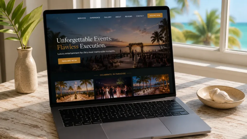 Laptop showing a Florida Keys waterfront wedding event company website with turquoise ocean and palm trees visible through window
