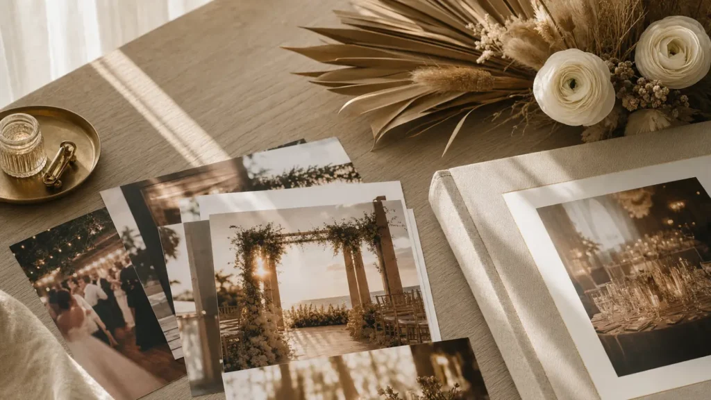 Printed wedding and event photos fanned across a warm oak desk alongside a linen-bound photo album, dried palm frond, and white ranunculus