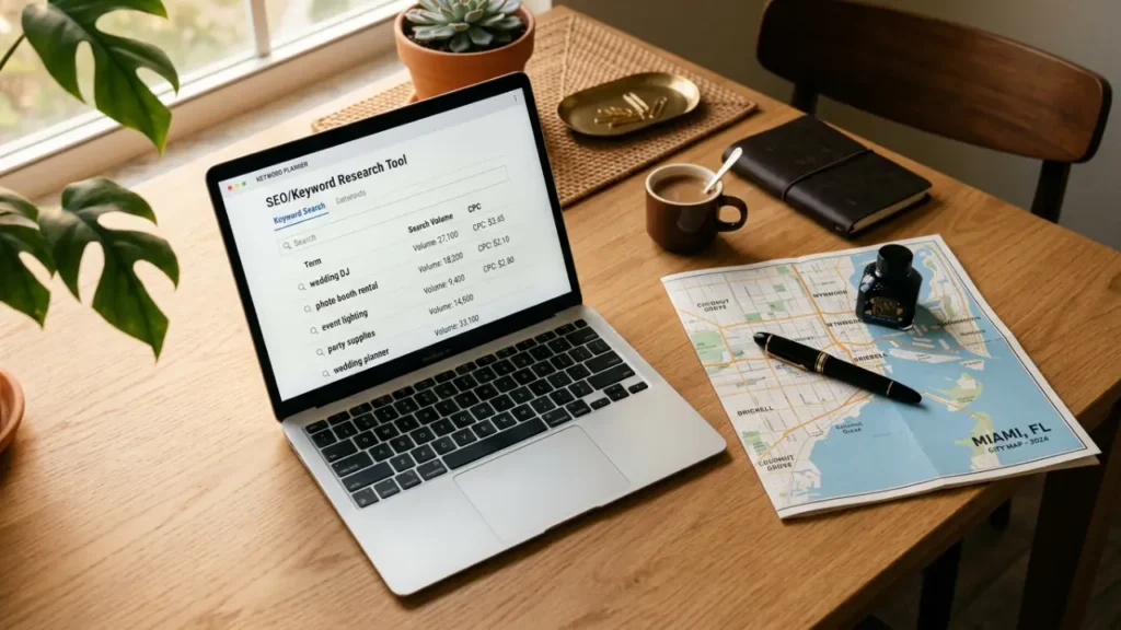 Open laptop displaying an SEO keyword research tool with DJ and entertainment search terms and volume data, on a warm oak desk with a Miami city map and fountain pen