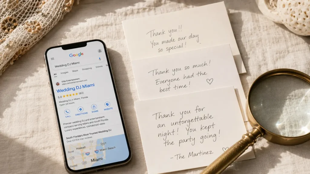 Smartphone showing Wedding DJ Miami Google search result with 5-star reviews beside handwritten thank-you cards and brass magnifying glass