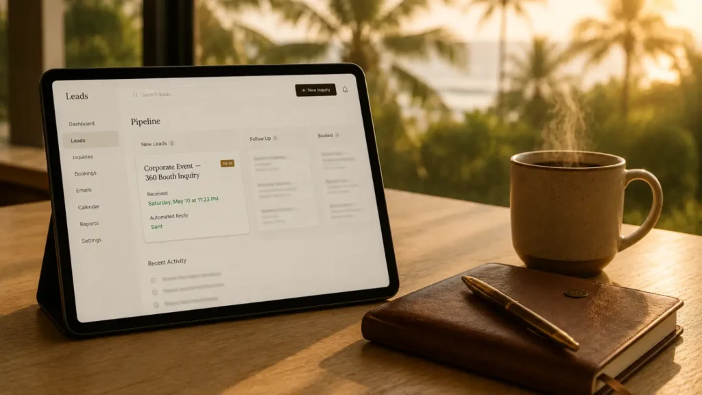 Tablet showing a CRM new lead card for a corporate 360 booth inquiry with automated reply sent, beside coffee and notebook