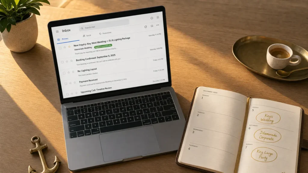 Laptop showing automated email inbox with Keys Wedding inquiry and replied automatically tag beside booked events planner and brass anchor