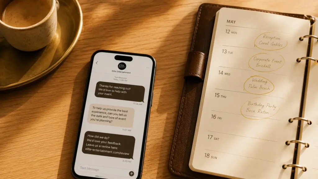 Smartphone showing automated text message follow-up sequence beside a leather planner with booked events circled in gold