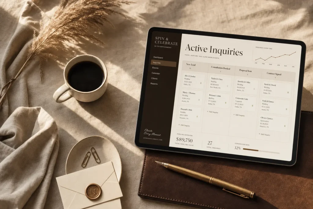 This image is showing a DJ CRM pipeline dashboard on a tablet device.