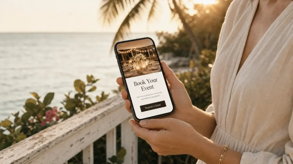 Woman holding a phone displaying a mobile-friendly entertainment company booking page at golden hour on a South Florida coastal terrace