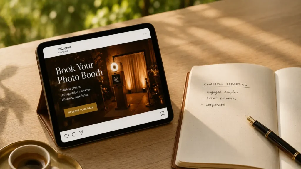 Tablet displaying a Book Your Photo Booth Instagram ad beside a notebook with campaign targeting notes and espresso cup
