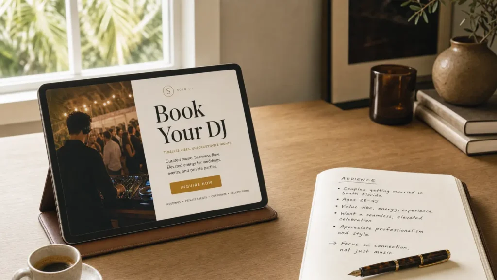Tablet displaying a Book Your DJ ad creative beside an open notebook with audience targeting notes and espresso cup