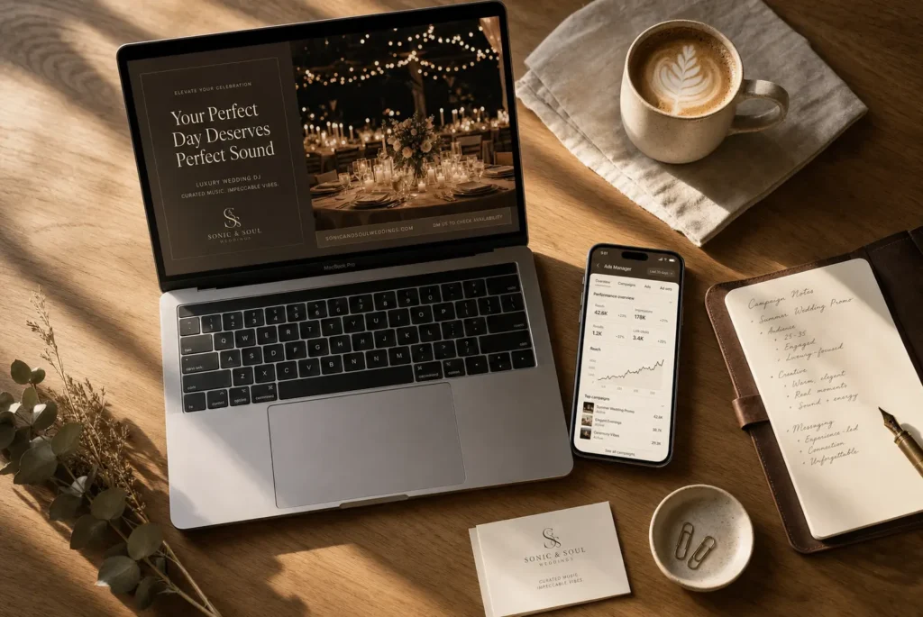 This image is showing a DJ marketing campaign dashboard on a laptop workspace.