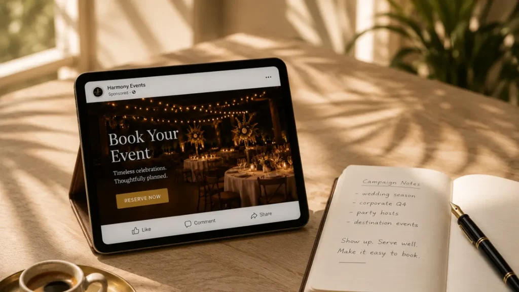 Tablet displaying a Book Your Event Facebook ad with candlelit reception photo beside campaign notes notebook and espresso cup