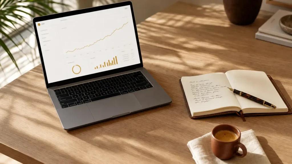 Laptop showing an ad campaign performance dashboard with upward trending graph and notebook