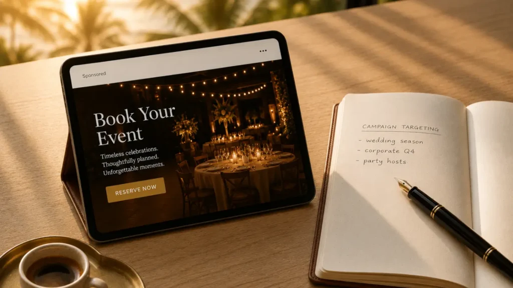 Laptop showing an event company website with Book Your Event headline, gallery grid, and Inquire Now button at golden hour