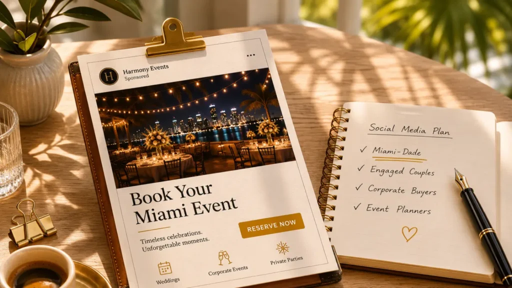 Printed Book Your Miami Event Facebook ad on clipboard beside campaign targeting checklist notebook and espresso cup