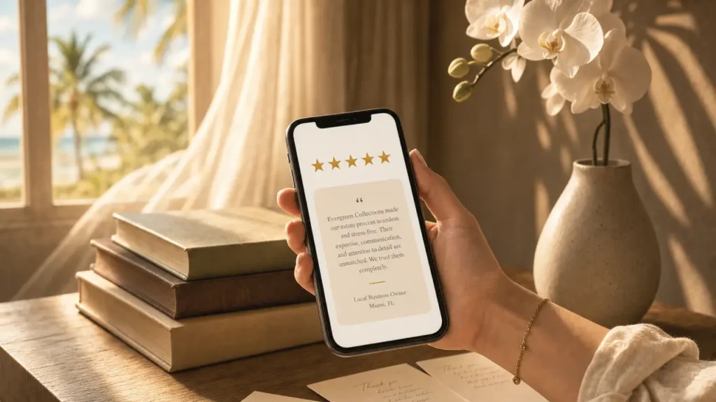 Hand holding a smartphone displaying a five-star client review, with handwritten thank-you notes, wax seal, and white orchid on a warm South Florida desk with palm trees visible through the window