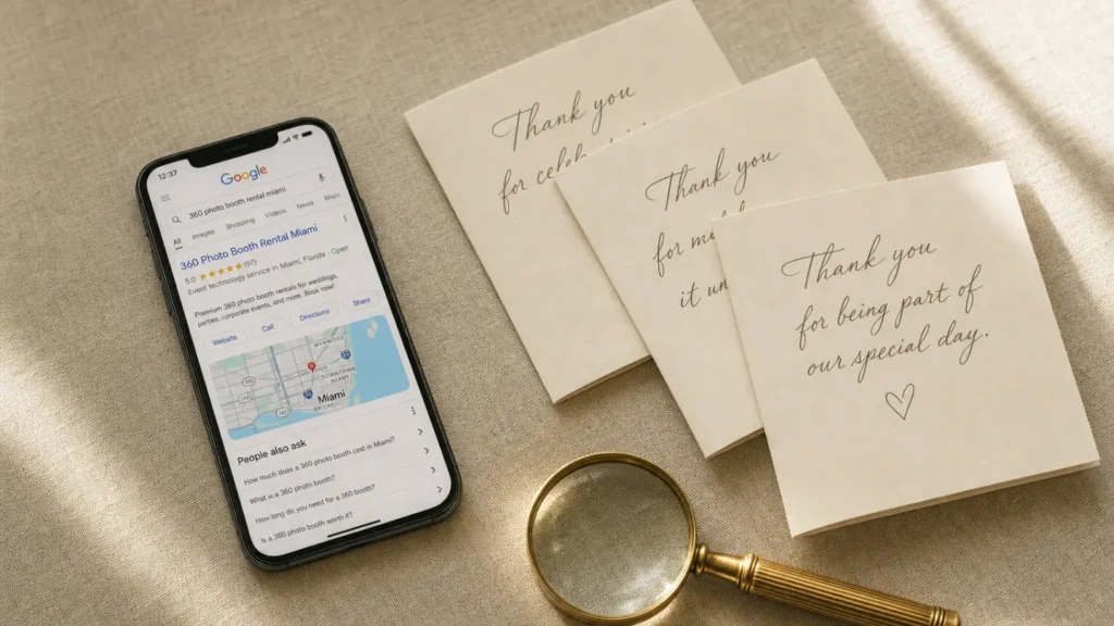 Smartphone showing 360 Photo Booth Rental Miami Google search result with five stars beside handwritten thank-you cards and brass magnifying glass