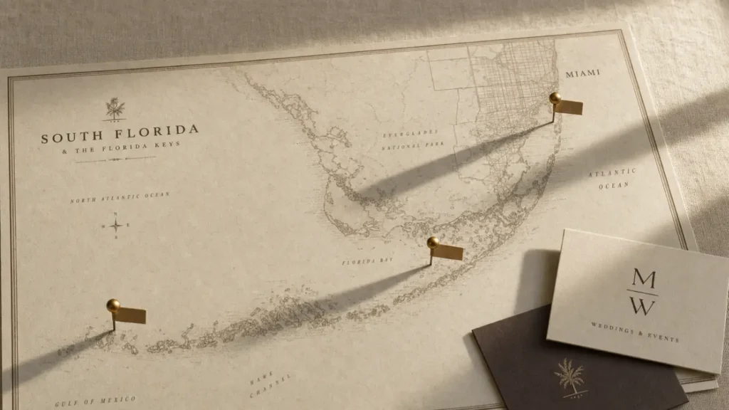 South Florida and Florida Keys vintage map with brass pins and business cards on linen surface