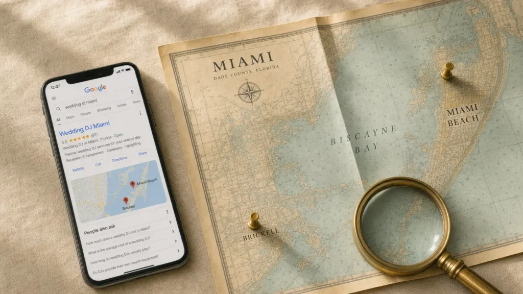 Smartphone showing Wedding DJ Miami Google search result with five stars beside a vintage Miami Dade County map with brass pins and magnifying glass