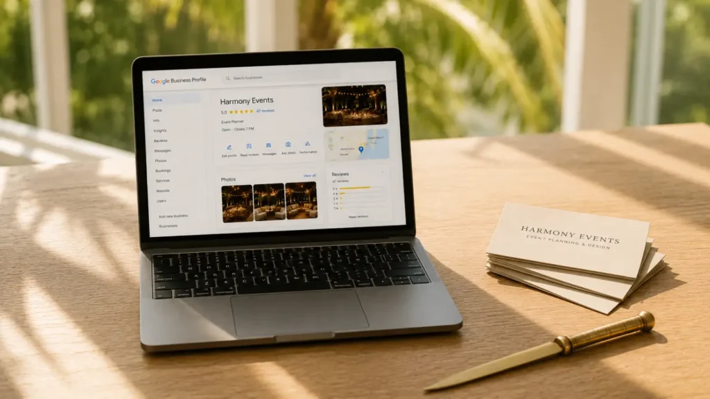Laptop showing Google Business Profile for an event company with 5-star reviews, photos, and South Florida map location