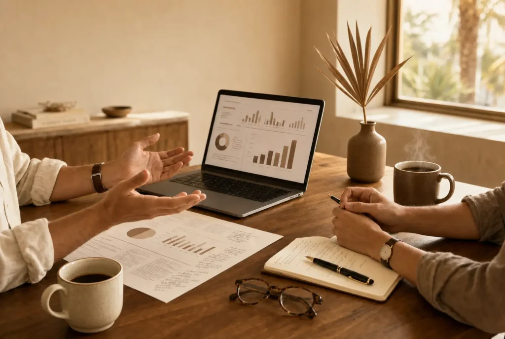 This image is showing a transparent marketing strategy discussion with analytics reports.