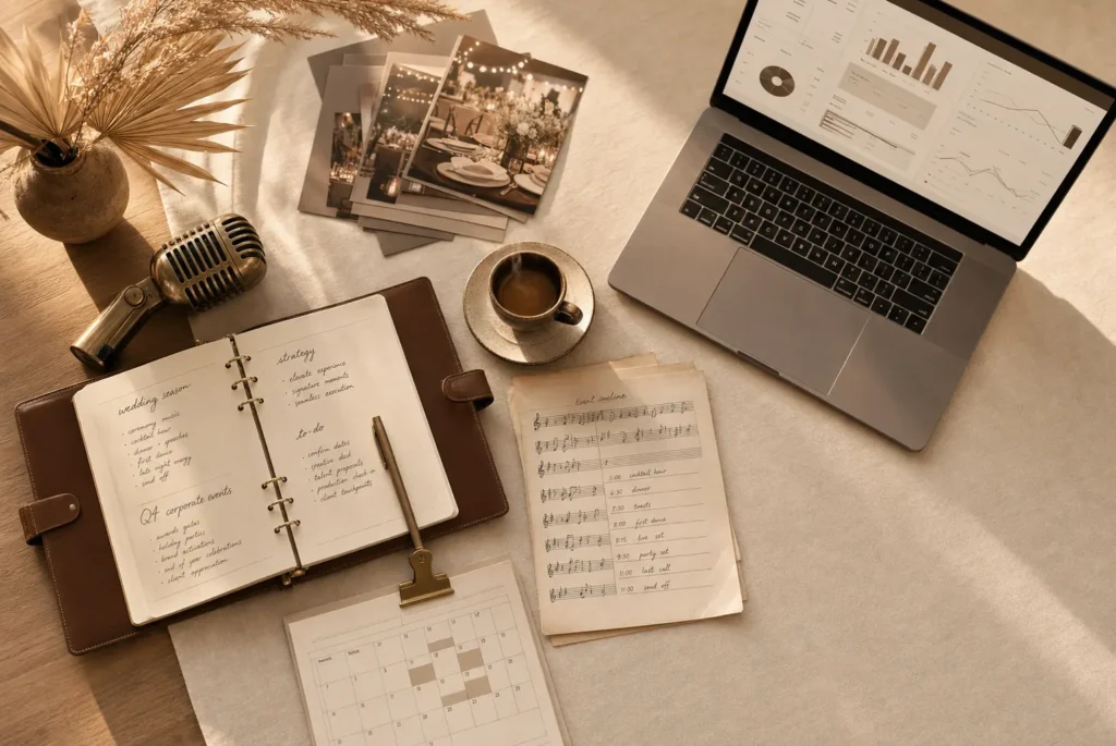 This image is showing entertainment business planning materials and marketing strategy tools.