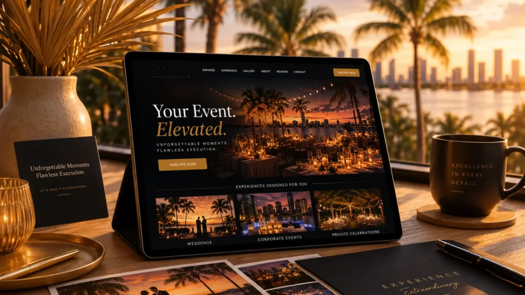 Tablet showing Your Event Elevated Miami entertainment company website with waterfront reception hero and event gallery at golden hour