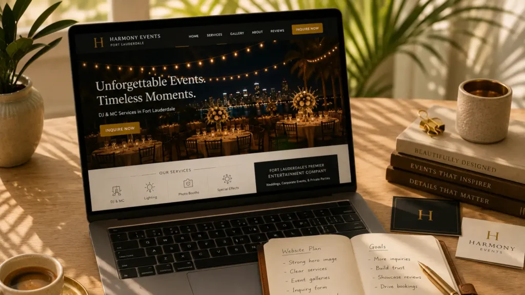Laptop showing Fort Lauderdale entertainment company website with event gallery and Inquire Now button beside website plan notebook